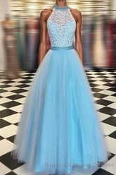 Prety Halter Long Lace Tulle Beding Light Blue For Teens Elegant Semi Formal Prom Dresses